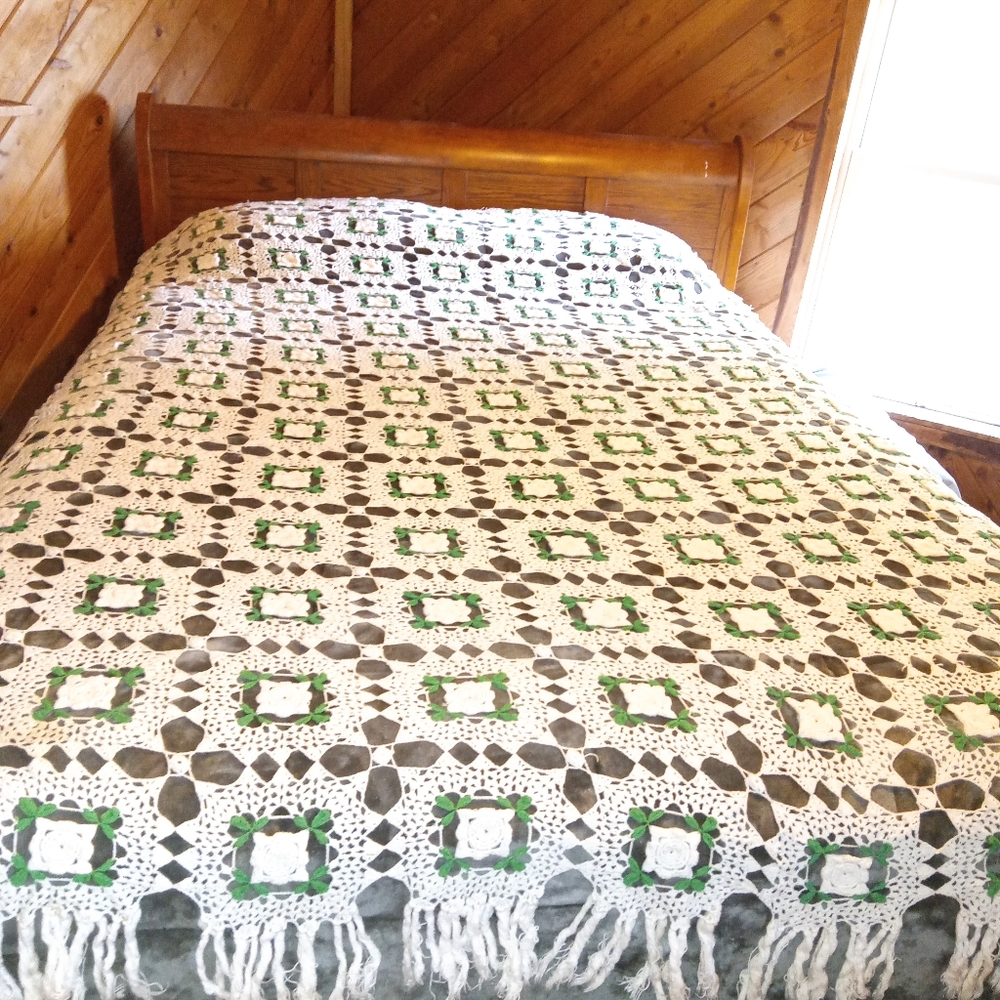 Hand Crochet White & Green Rose Bed Coverlet. 92"x105". Shown On Queen Size Bed